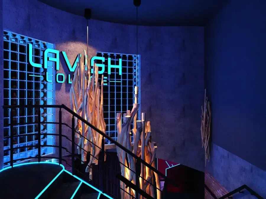 Vstup s neonovým logem Lavish Lounge